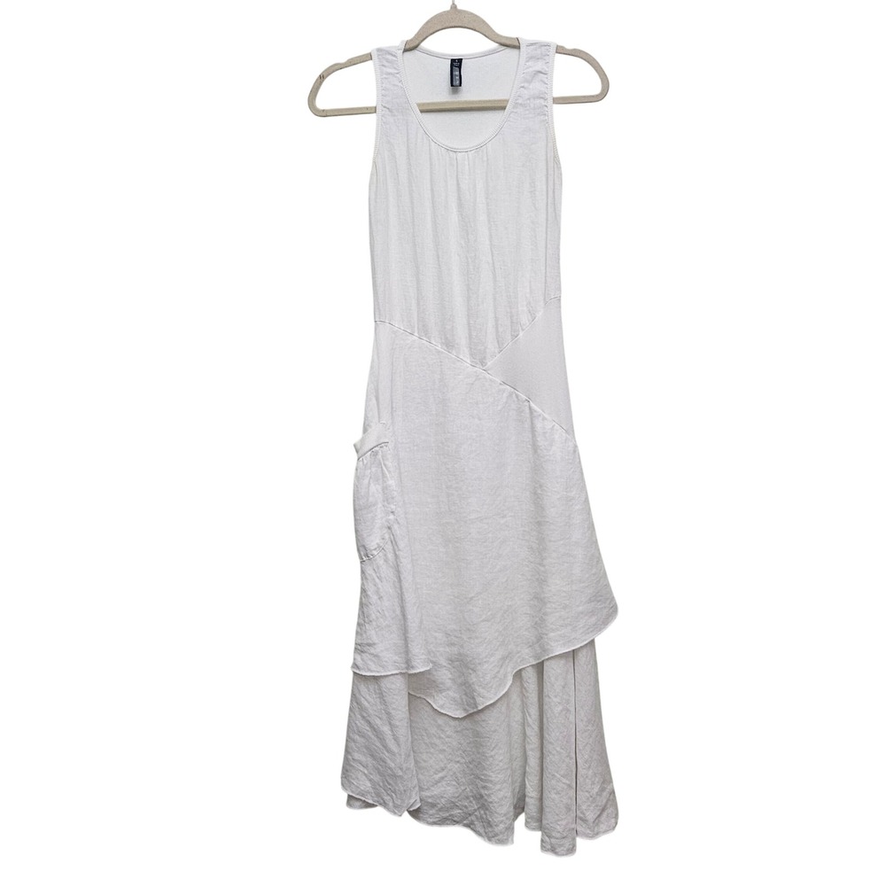 Inizio Linen Dress Womens Small White Sleeveless Layered Asymmetrical Lagenlook‎